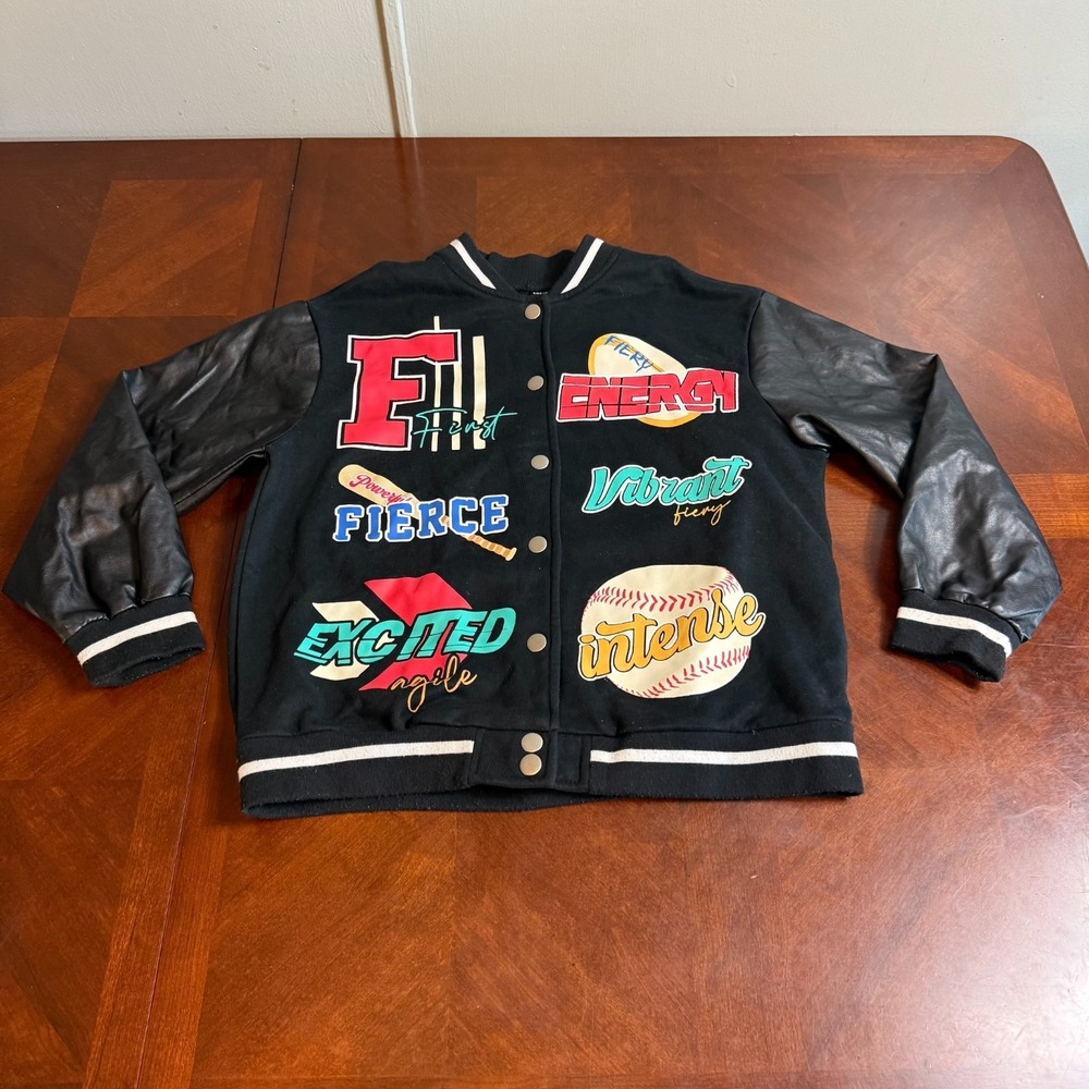 Black Varsity Letterman Jacket‎ Faux Leather Sleeves Graphic Patch Small